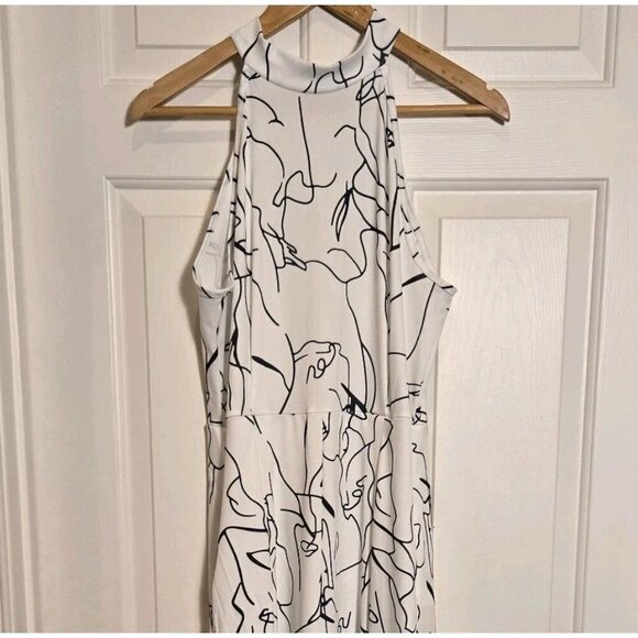 Jumpsuit Womens White Black Abstract Print Halter Sleeveless Wide Leg Medium Y2K - Picture 3 of 9